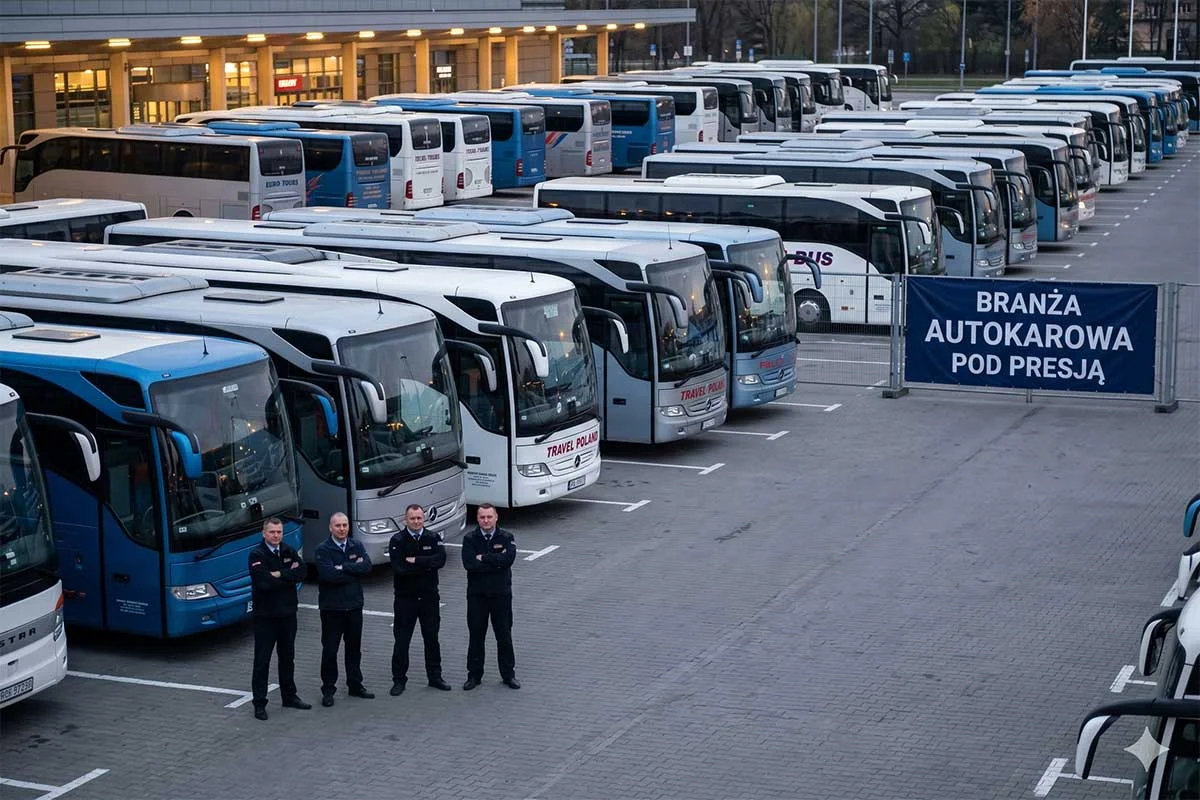 Autokary turystyczne na placu i kierowcy czekający na pasażerów