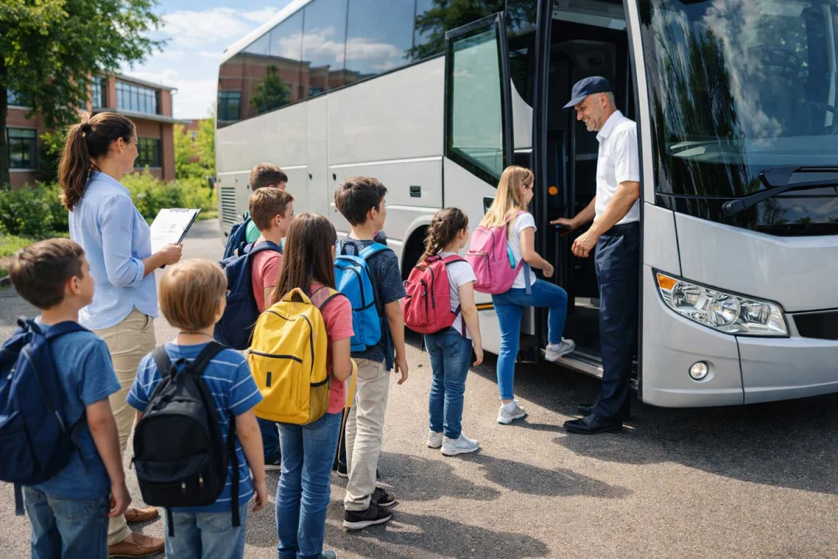 Dzieci wsiadające do autokaru turystycznego