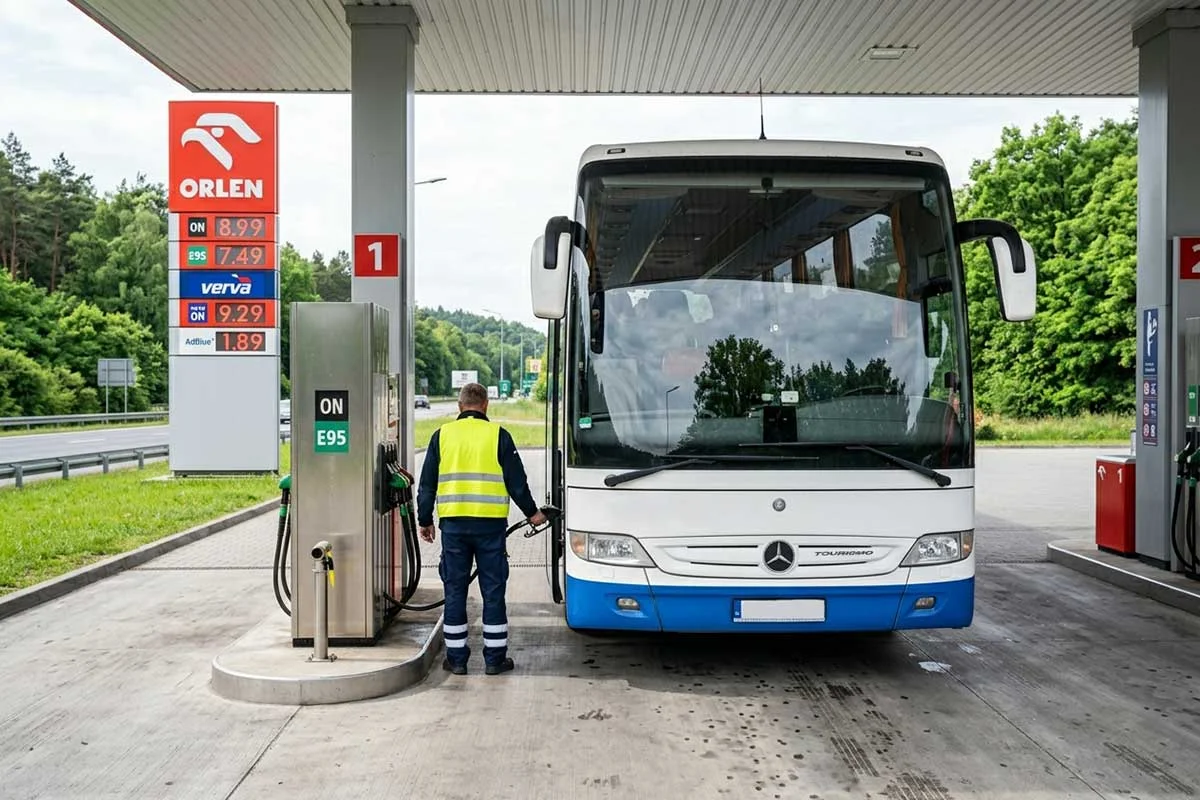 Kierowca tankuje na stacji paliw tankuje drogi olej napędowy