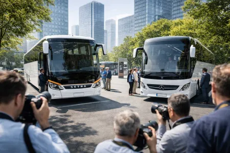 Dwa nowoczesne autokary, a wokół nich prasa, dziennikarze.