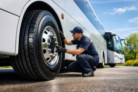 Kierowca sprawdza oponę przy autokarze turystycznym